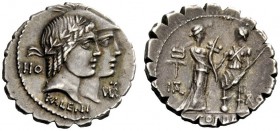 ROMAN REPUBLICAN COINAGE 
 Q. Fufius Calenus and P. Mucius Cordus . Denarius serratus 70, AR 3.88 g. Jugate heads of Honos and Virtus r.; on l., HO; ...