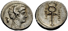 ROMAN REPUBLICAN COINAGE 
 M. Plaetorius M.f. Cestianus . Denarius 69, AR 3.84 g. Female bust r., draped and decorated with poppy heads; behind, cont...