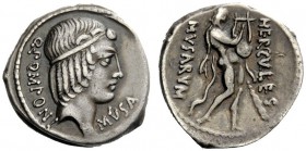 ROMAN REPUBLICAN COINAGE 
 Q. Pomponius Musa. Denarius 66, AR 3.78 g. Head of Apollo r., hair tied with band; behind, Q POMPONI; before, MVSA. Rev. H...