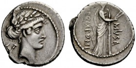 ROMAN REPUBLICAN COINAGE 
 Q. Pomponius Musa . Denarius 66, AR 3.90 g. Laureate head of Apollo r.; behind, two flutes in saltire. Rev. Eutherpes stan...