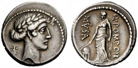 ROMAN REPUBLICAN COINAGE 
 Q. Pomponius Musa . Denarius 66, AR 3.89 g. Laureate head of Apollo r.; behind, a star. Rev. Urania standing l., holding r...
