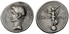 THE ROMAN EMPIRE 
 Octavian, 32-27 BC 
 Denarius, Brundisium or Roma (?) circa 32-29 BC, AR 3.75 g. Bare head l. Rev. Victory standing l. on globe, ...