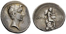THE ROMAN EMPIRE 
 Octavian, 32-27 BC 
 Denarius, Brundisium or Roma (?) circa 32-29 BC, AR 3.58 g. Bare head r. Rev. Naked male figure, with petasu...