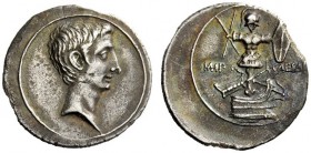 THE ROMAN EMPIRE 
 Octavian, 32-27 BC 
 Denarius, Brundisium or Roma (?) circa 29-27 BC, AR 3.58 g. Bare head r. Rev. Military trophy, its base cros...