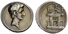 THE ROMAN EMPIRE 
 Octavian, 32-27 BC 
 Denarius, Brundisium and Roma (?) circa 29-27 BC, AR 3.77 g. Bare head r. Rev. IMP CAESAR on architrave of t...