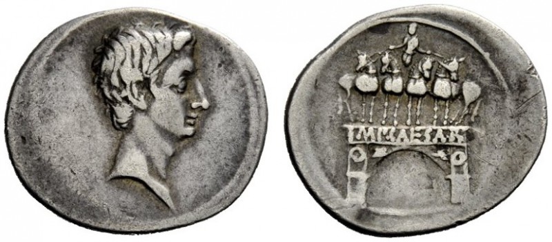 THE ROMAN EMPIRE 
 Octavian, 32-27 BC 
 Denarius, Brundisium or Roma (?) circa...