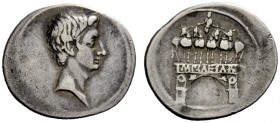 THE ROMAN EMPIRE 
 Octavian, 32-27 BC 
 Denarius, Brundisium or Roma (?) circa 29-27, AR 3.72 g. Bare head r. Rev. Facing quadriga on arch with arch...