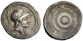 THE ROMAN EMPIRE 
 Octavian, 32-27 BC 
 Denarius, Brundisium or Roma (?) circa 29-27 BC, AR 3.65 g. Helmeted head of Mars r. Rev. Round shield set o...