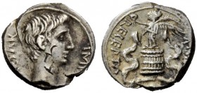 THE ROMAN EMPIRE 
 Octavian, 32-27 BC 
 Quinarius, Brundisium or Roma (?) circa 29-27 BC, AR 1.97 g. Bare head r. Rev. Victory standing l. on cista ...
