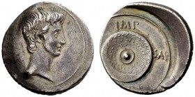 THE ROMAN EMPIRE 
 Octavian, 32-27 BC 
 Denarius, Spain (?) circa 27 BC, AR 3.97 g. Bare head r. Rev. Legend around shield. C 126. RIC 543a.
 Rare....