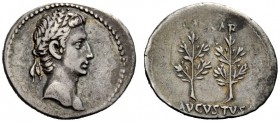 THE ROMAN EMPIRE 
 Octavian as Augustus, 27 BC – 14 AD 
 Denarius, Colonia Patricia (?) circa 20-19 BC, AR 3.80 g. Laureate head r. Rev. Two laurel-...