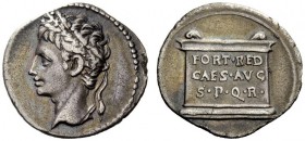 THE ROMAN EMPIRE 
 Octavian as Augustus, 27 BC – 14 AD 
 Denarius, Colonia Patricia (?) circa 20-19 BC, AR 3.65 g. Laureate head l. Rev. Altar. C 10...