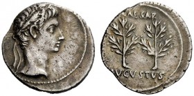 THE ROMAN EMPIRE 
 Octavian as Augustus, 27 BC – 14 AD 
 Denarius, Caesaraugusta (?) circa 19-18 BC, AR 3.63 g. Oak-wreathed head r. Rev. Two laurel...