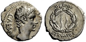 THE ROMAN EMPIRE 
 Octavian as Augustus, 27 BC – 14 AD 
 Denarius, Caesaraugusta (?) circa 19-18 BC, AR 3.89 g. Bare head r. Rev. OB CIVIS / SERVATO...