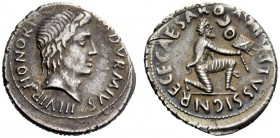THE ROMAN EMPIRE 
 Octavian as Augustus, 27 BC – 14 AD 
 M. Durmius . Denarius 19-18 BC, AR 3.93 g. Head of Honos r. Rev. Parthian warrior kneeling ...