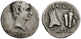THE ROMAN EMPIRE 
 Octavian as Augustus, 27 BC – 14 AD 
 Denarius, Pergamum circa 19-18 BC, AR 3.46 g. Bare head r. Rev. Tiara and bow case with qui...