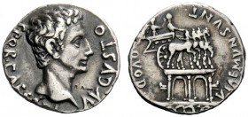 THE ROMAN EMPIRE 
 Octavian as Augustus, 27 BC – 14 AD 
 Denarius, Colonia Patricia (?) circa 18-17/16 BC, AR 3.75 g. Bare head r. Rev. Triumphal ar...