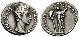 THE ROMAN EMPIRE 
 Octavian as Augustus, 27 BC – 14 AD 
 Denarius, Colonia Patricia (?) circa 18-17/16 BC, AR 3.81 g. Bare head r. Rev. Mars standin...