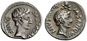 THE ROMAN EMPIRE 
 Octavian as Augustus, 27 BC – 14 AD 
 M. Sanquinius . Denarius circa 17 BC, AR 3.88 g. Bare head r. Rev. Laureate head of I. Caes...