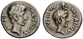 THE ROMAN EMPIRE 
 Octavian as Augustus, 27 BC – 14 AD 
 M. Sanquinius . Denarius circa 17 BC, AR 3.36 g. Bare head r. Rev. Laureate head of I. Caes...