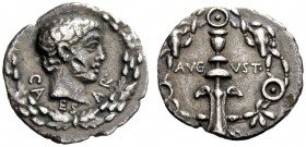THE ROMAN EMPIRE 
 Octavian as Augustus, 27 BC – 14 AD 
 Denarius, uncertain mint circa 17 BC, AR 3.39 g. Bare youthful head r., within oak-wreath R...