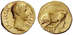 THE ROMAN EMPIRE 
 Octavian as Augustus, 27 BC – 14 AD 
 Aureus, Lugdunum 15-13 BC, AV 7.76 g. Bare head r. Rev. Bull butting l. C 140. RIC 168. Bah...
