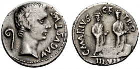 THE ROMAN EMPIRE 
 Octavian as Augustus, 27 BC – 14 AD 
 C. Marius C.F. Tro . Denarius 13 BC, AR 4.06 g. Bare head r.; behind, lituus Rev. Augustus ...