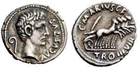 THE ROMAN EMPIRE 
 Octavian as Augustus, 27 BC – 14 AD 
 C. Marius C. F. Tro . Denarius 13 BC, AR 3.79 g. Bare head r.; behind, lituus Rev. Prancing...