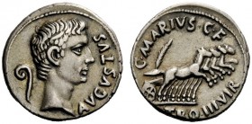 THE ROMAN EMPIRE 
 Octavian as Augustus, 27 BC – 14 AD 
 C. Marius C. F. Tro . Denarius 13 BC, AR 3.78 g. Bare head r.; behind, lituus Rev. Prancing...