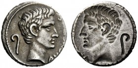 THE ROMAN EMPIRE 
 Octavian as Augustus, 27 BC – 14 AD 
 C. Marius C. F. Tro . Brockage denarius 13 BC, AR 3.81 g. Bare head r.; behind, lituus Rev....