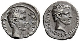 THE ROMAN EMPIRE 
 Octavian as Augustus, 27 BC – 14 AD 
 C. Sulpicius Platorinus . Denarius 13 BC, AR 3.78 g. Bare head r. Rev. Bare head of M. Agri...
