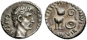 THE ROMAN EMPIRE 
 Octavian as Augustus, 27 BC – 14 AD 
 C. Antistius Reginus . Denarius 13 BC, AR 3.77 g. Bare head r. Rev. Sacrificial implements:...