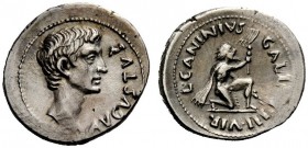 THE ROMAN EMPIRE 
 Octavian as Augustus, 27 BC – 14 AD 
 L. Caninius Gallus . Denarius 12 BC, AR 3.99 g. Bare head r. Rev. Bearded barbarian, with c...
