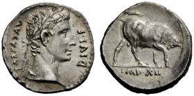 THE ROMAN EMPIRE 
 Octavian as Augustus, 27 BC – 14 AD 
 Denarius, Lugdunum circa 11-10 BC, AR 3.38 g. Laureate head r. Rev. Bull butting r. C 155. ...
