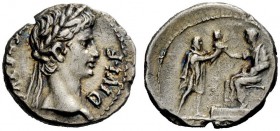 THE ROMAN EMPIRE 
 Octavian as Augustus, 27 BC – 14 AD 
 Denarius, Lugdunum 8 BC, AR 3.61 g. Laureate head r. Rev. Augustus, togate, seated l. on st...