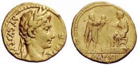 THE ROMAN EMPIRE 
 Octavian as Augustus, 27 BC – 14 AD 
 Aureus, Lugdunum 8 BC, AV 7.77 g. Laureate head r. Rev. Augustus seated l. on stool on plat...