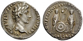 THE ROMAN EMPIRE 
 Octavian as Augustus, 27 BC – 14 AD 
 Denarius, Lugdunum 2 BC – 4 AD, AR 3.77 g. Laureate head r. Rev. Caius and Lucius standing ...