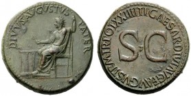 THE ROMAN EMPIRE
Octavian as Augustus, 27 BC – 14 AD
Divus Augustus . Sestertius 22-23, Æ 27.83 g. Augustus, radiate, seated l., feet on stool, hold...