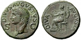 THE ROMAN EMPIRE 
 Octavian as Augustus, 27 BC – 14 AD 
 Divus Augustus . Dupondius after 42 AD, Æ 14.98 g. Radiate head l. Rev. Livia seated l., ho...