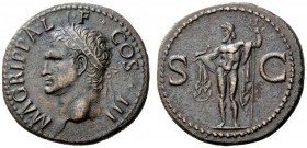 THE ROMAN EMPIRE 
 In name of Agrippa 
 As after 37, Æ 12.41 g. Head l., wearing rostral crown. Rev. Neptune standing l., holding small dolphin and ...