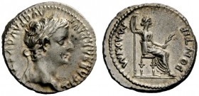 THE ROMAN EMPIRE 
 Tiberius augustus, 14-37 
 Denarius, Lugdunum 14-37, AV 3.77 g. Laureate head r. Rev. Livia seated r., holding long vertical scep...