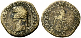 THE ROMAN EMPIRE 
 In name of Nero Claudius Drusus, father of Claudius 
 Sestertius 41-50, Æ 28.70 g. Bare head l. Rev. Claudius seated l. on curule...