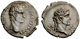 THE ROMAN EMPIRE 
 Gaius, 37-41 
 Denarius, Lugdunum 37-38, AR 3.80 g. Bare head r. Rev. Radiate head of Augustus or Tiberius r. between two stars. ...