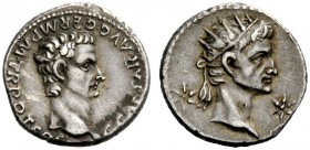THE ROMAN EMPIRE 
 Gaius, 37-41 
 Denarius, Lugdunum 37-38, AR 3.84 g. Bare head r. Rev. Radiate head of Augustus or Tiberius r. between two stars. ...