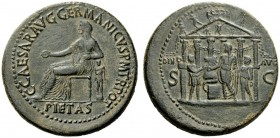 THE ROMAN EMPIRE 
 Gaius, 37-41 
 Sestertius 37-38, Æ 27.11 g. Pietas, veiled and draped, seated l., holding patera and resting l. arm on small faci...