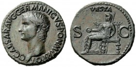 THE ROMAN EMPIRE 
 Gaius, 37-41 
 As 37-38, Æ 11.99 g. Bare head l. Rev. Vesta, diademed and veiled, seated l. on ornamental throne, holding patera ...