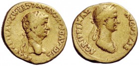 THE ROMAN EMPIRE 
 Claudius, 41-54 
 Aureus circa 50-54, AV 7.51 g. Laureate head r. Rev. Draped bust of Agrippina r., wearing crown of corn-ears. C...