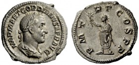 THE ROMAN EMPIRE 
 Gordian I, 1st – 22nd April 238 
 Denarius April 238, AR 3.27 g. Laureate, draped and cuirassed bust r. Rev. Emperor standing l.,...