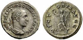 THE ROMAN EMPIRE 
 Gordian II, 1st – 22nd April 238 
 Denarius April 238, AR 2.79 g. Laureate, draped and cuirassed bust r. Rev. Securitas seated l....