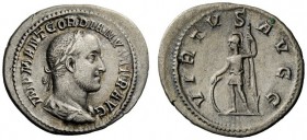 THE ROMAN EMPIRE 
 Gordian II, 1st – 22nd April 238 
 Denarius April 238, AR 2.35 g. Laureate, draped and cuirassed bust r. Rev. Virtus standing l.,...